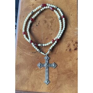 Vintage Handmade Rosary Necklace – Silver Cross, Bone & Red Glass Beads